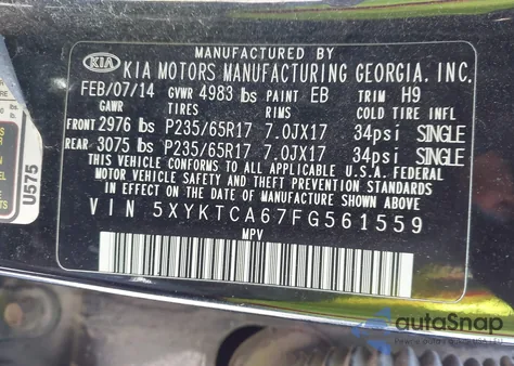 2015 Kia Sorento Lx из США, поврежденный, VIN 5XYKTCA67FG561559